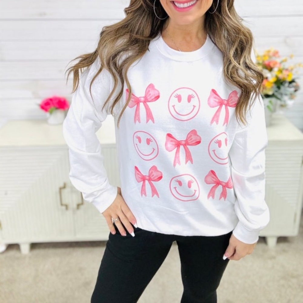 New Sugar Stitch Smiley Bow Graphic Pullover Sweatshirt-White/Pink SZ XL